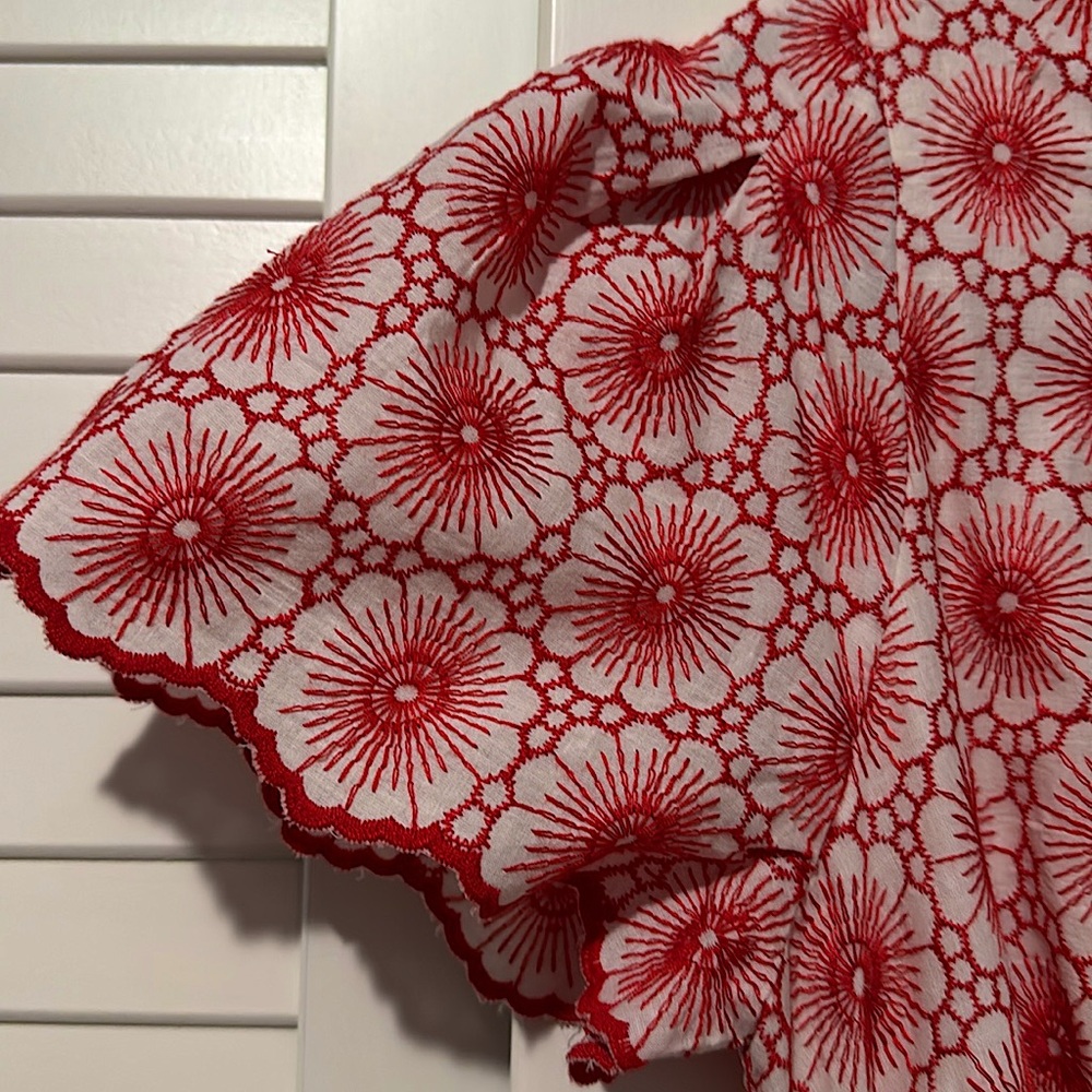 AnnTaylor floral midi dress, belted, floral embroidery, red and white, size SP - Picture 3 of 8